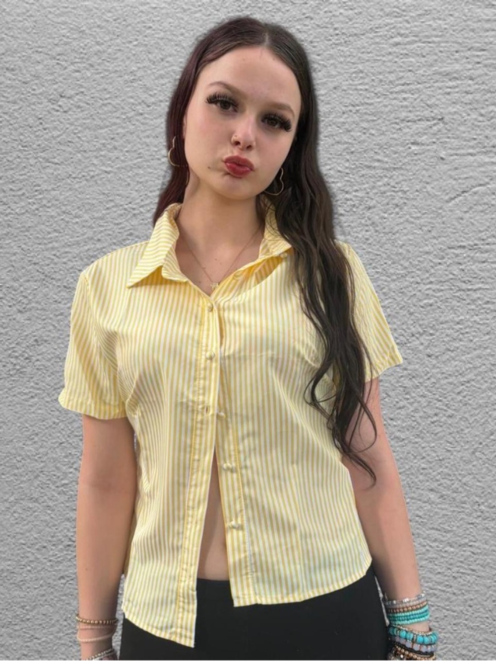 Y2K Yellow Pinstripe Short Sleeve Button Up Retro 2000s Pop Vibe Summer Top
